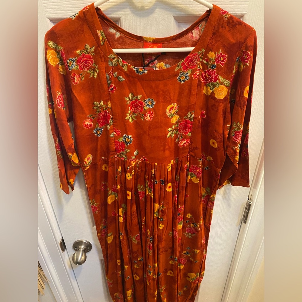 NWT Nursing/Breastfeeding Orange Floral Maxi Dress YW Sz. M Hand-loomed in India